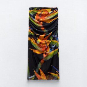 Zara Printed Ruched Midi Skirt | Size S | Tropical Floral